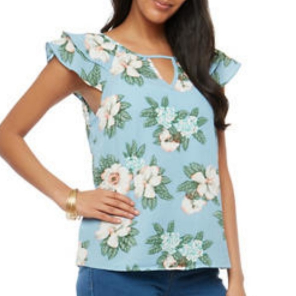 Floral Crepe Knit Flutter Sleeve Top for Juniors